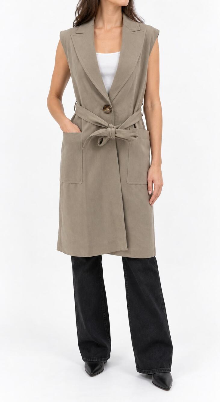 Zara Women's 7554/447/806 Sleeveless Belted Trench Long Vest Coat Jacket Size XS